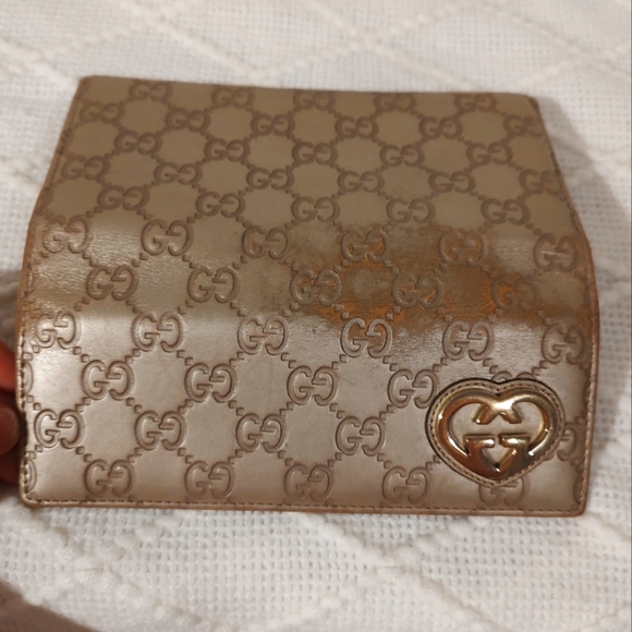 Gucci GUC Gold Brown Biege Leather Lovely Heart GG Pattern Long Wallet (W90) - Picture 5 of 15